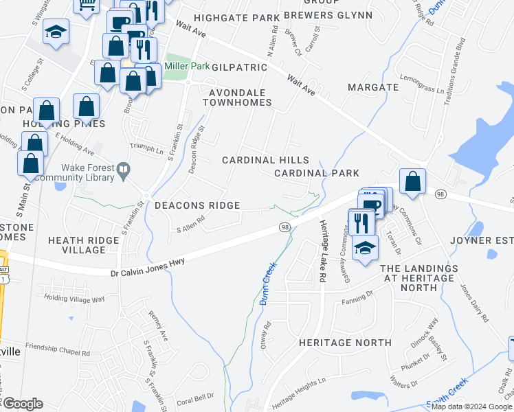 map of restaurants, bars, coffee shops, grocery stores, and more near 809 Ledgerock Road in Wake Forest