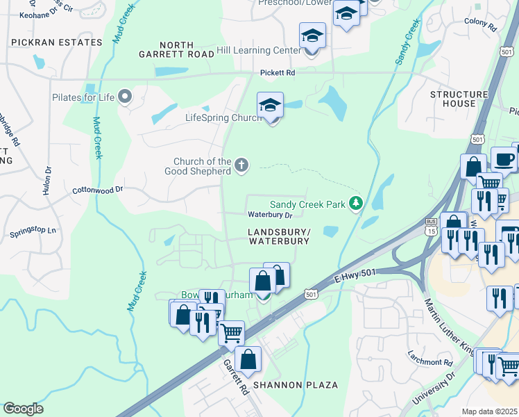 map of restaurants, bars, coffee shops, grocery stores, and more near 3304 Waterbury Drive in Durham