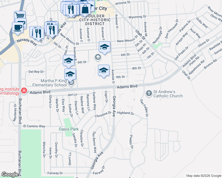 map of restaurants, bars, coffee shops, grocery stores, and more near in Boulder City