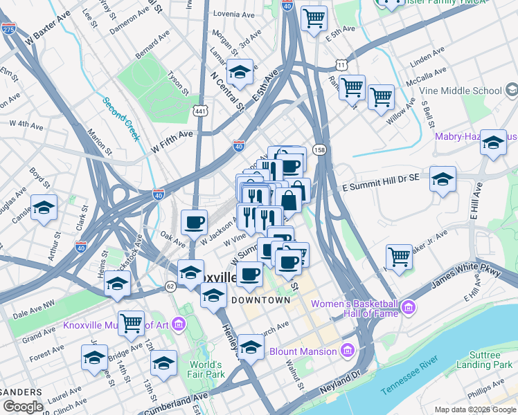 map of restaurants, bars, coffee shops, grocery stores, and more near 119 South Gay Street in Knoxville