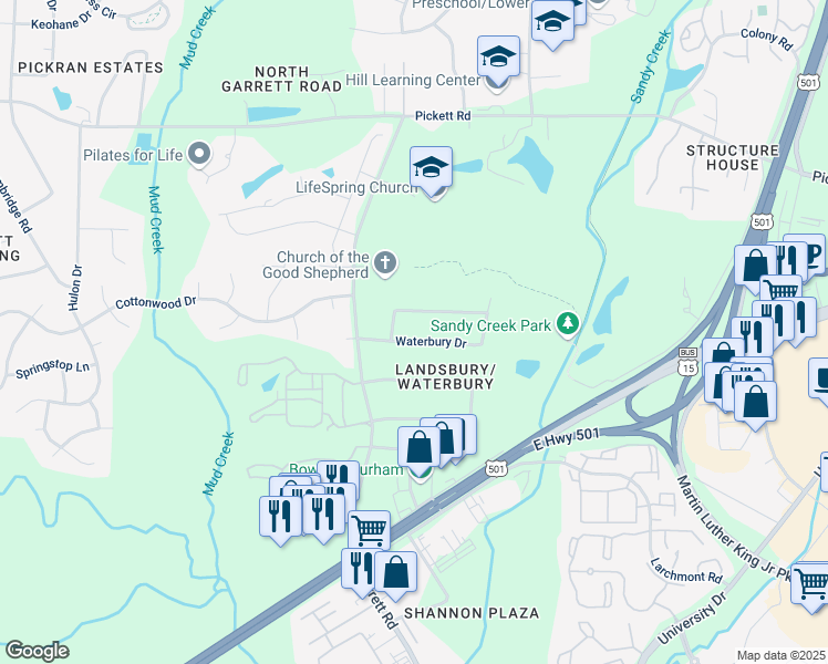 map of restaurants, bars, coffee shops, grocery stores, and more near 3304 Waterbury Drive in Durham