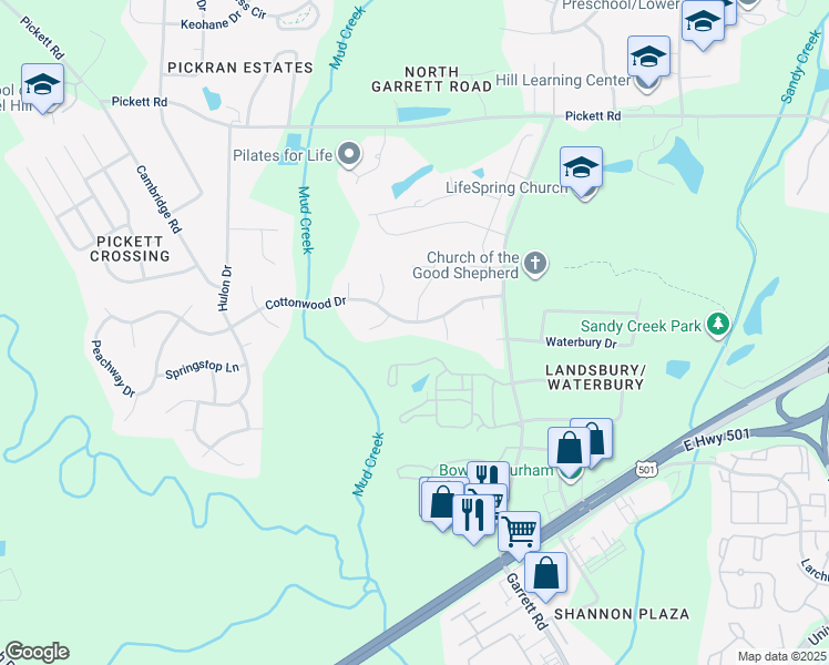 map of restaurants, bars, coffee shops, grocery stores, and more near 3511 Cottonwood Drive in Durham