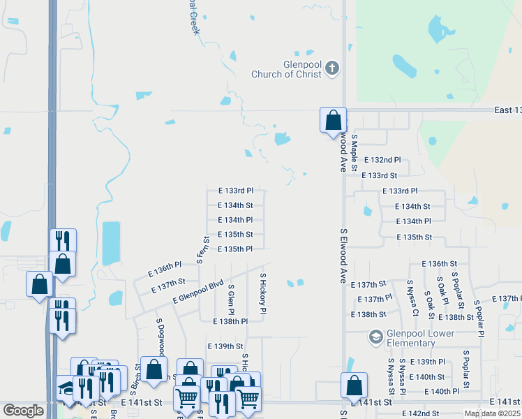 map of restaurants, bars, coffee shops, grocery stores, and more near 13493 South Hickory Place in Glenpool