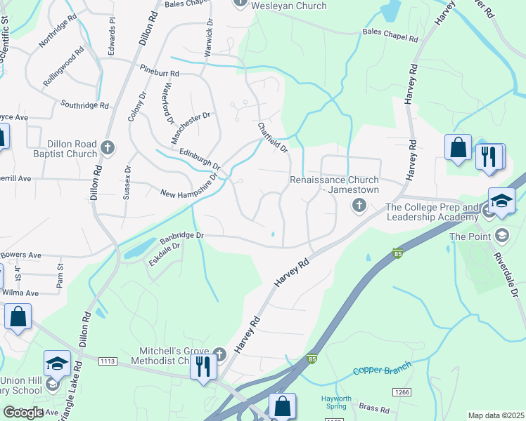 map of restaurants, bars, coffee shops, grocery stores, and more near 1056 Bridgend Drive in Jamestown