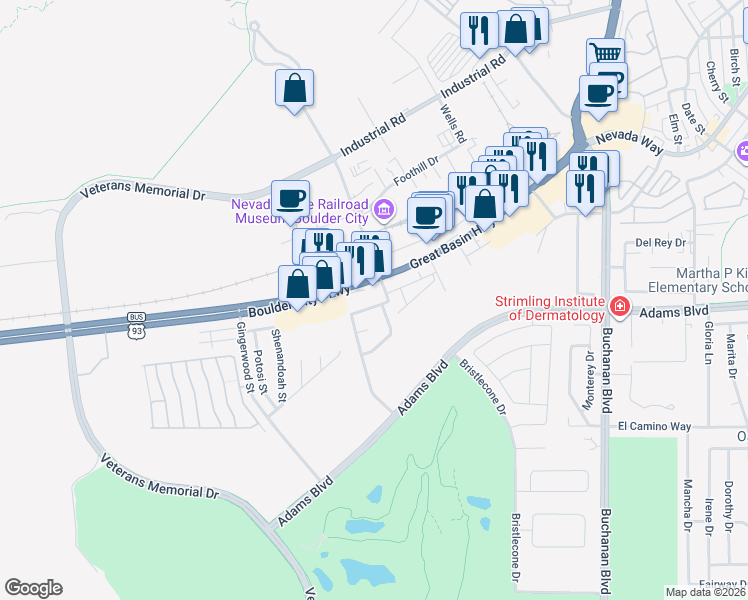 map of restaurants, bars, coffee shops, grocery stores, and more near 1601 Cedar Drive in Boulder City