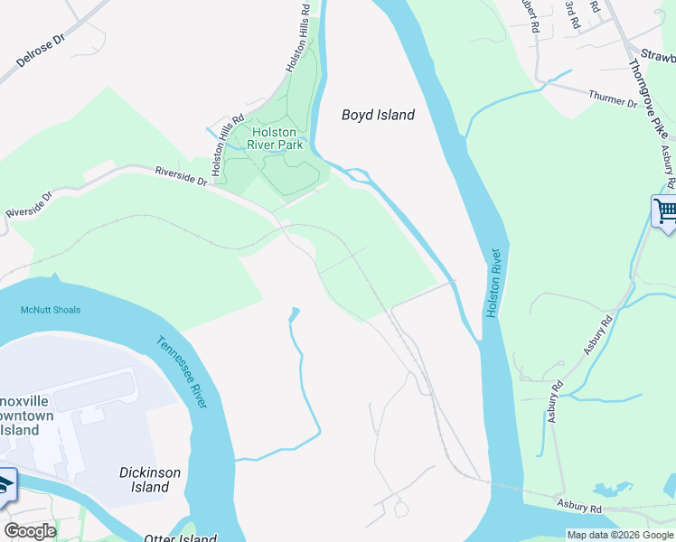 map of restaurants, bars, coffee shops, grocery stores, and more near 3435 Riverside Drive in Knoxville