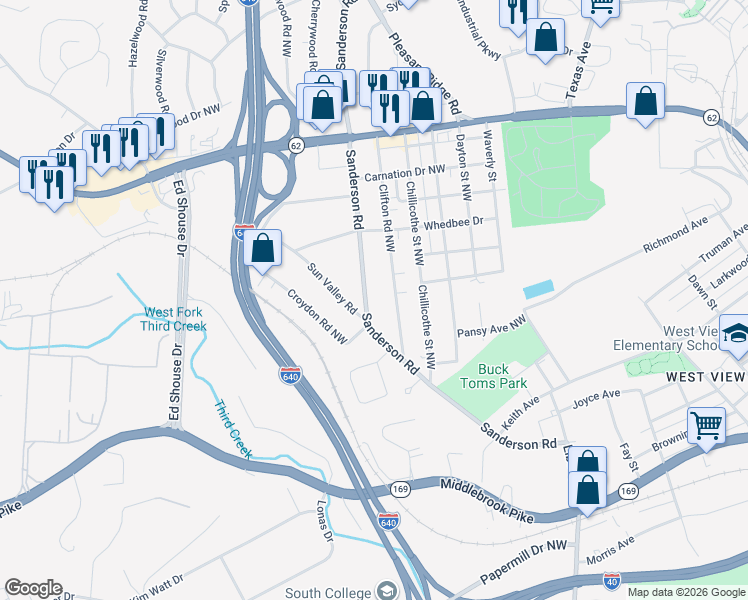 map of restaurants, bars, coffee shops, grocery stores, and more near 2204 Sanderson Road in Knoxville