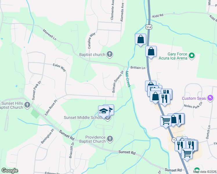 map of restaurants, bars, coffee shops, grocery stores, and more near 1032 Brittain Downs Drive in Nolensville