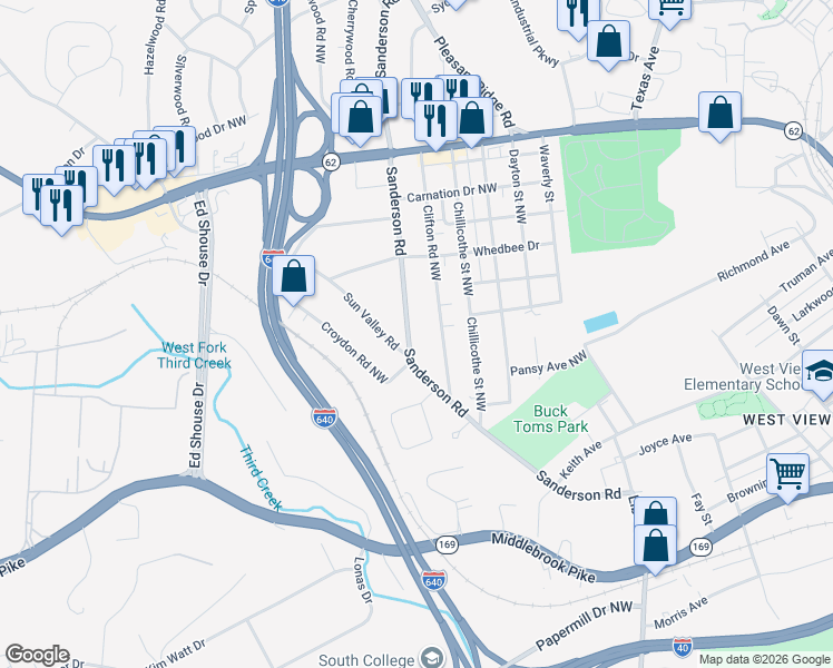 map of restaurants, bars, coffee shops, grocery stores, and more near 2204 Sanderson Road in Knoxville