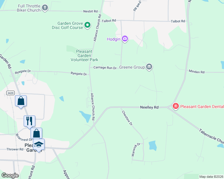map of restaurants, bars, coffee shops, grocery stores, and more near 1707 Neelley Road in Pleasant Garden