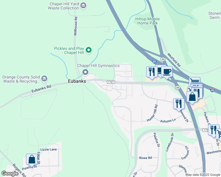 map of restaurants, bars, coffee shops, grocery stores, and more near 100 Kousa Trail in Chapel Hill