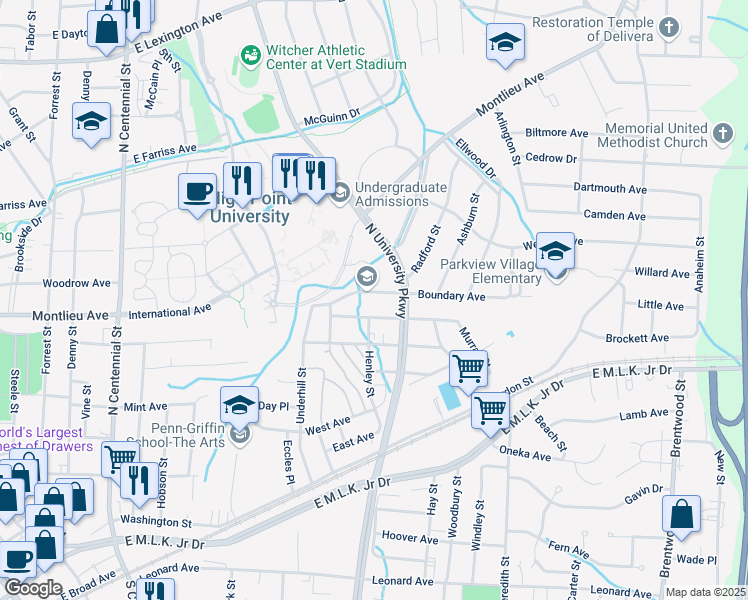 map of restaurants, bars, coffee shops, grocery stores, and more near 1521 Graves Avenue in High Point