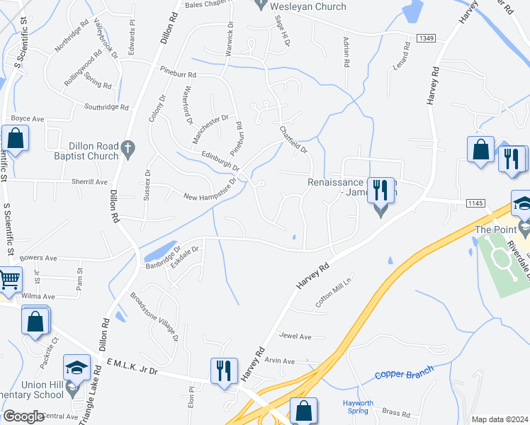 map of restaurants, bars, coffee shops, grocery stores, and more near 1115 Edinburgh Drive in Jamestown