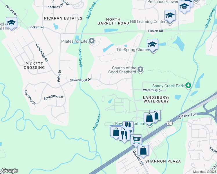 map of restaurants, bars, coffee shops, grocery stores, and more near 3511 Cottonwood Drive in Durham