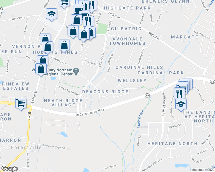 map of restaurants, bars, coffee shops, grocery stores, and more near 512 South Allen Road in Wake Forest
