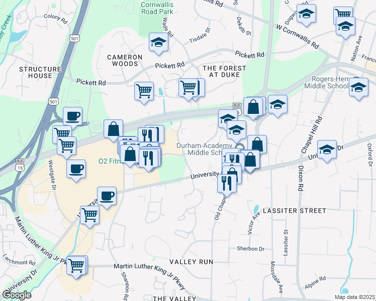 map of restaurants, bars, coffee shops, grocery stores, and more near 3553 Mayfair Street in Durham