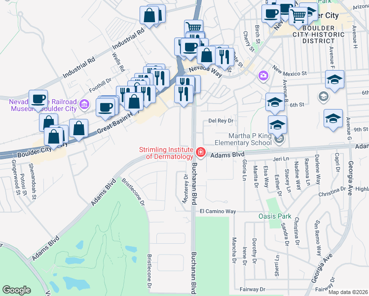 map of restaurants, bars, coffee shops, grocery stores, and more near 226 Adams Boulevard in Boulder City