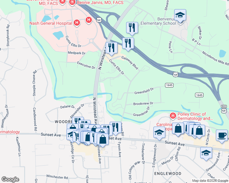 map of restaurants, bars, coffee shops, grocery stores, and more near 61 Mockingbird Lane in Rocky Mount
