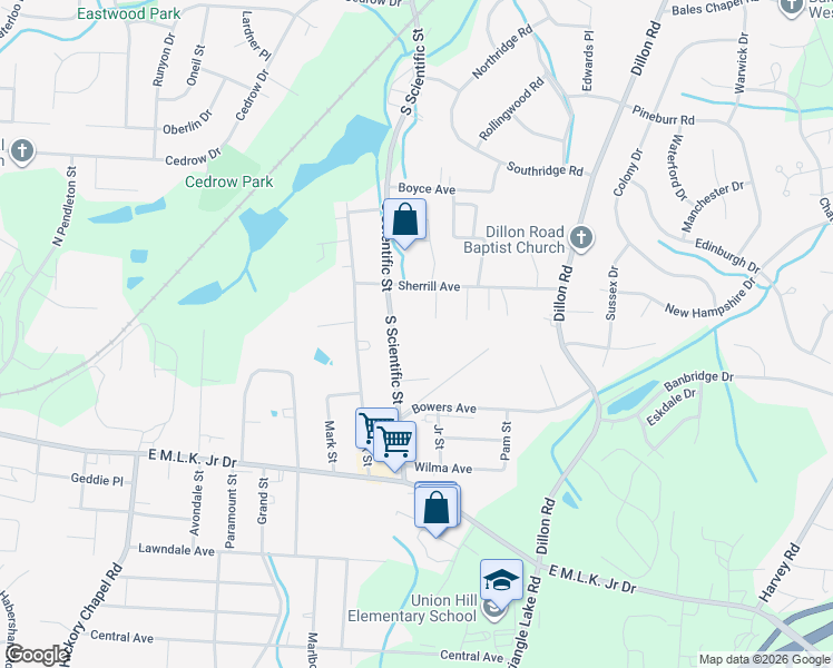 map of restaurants, bars, coffee shops, grocery stores, and more near 713 South Scientific Street in High Point