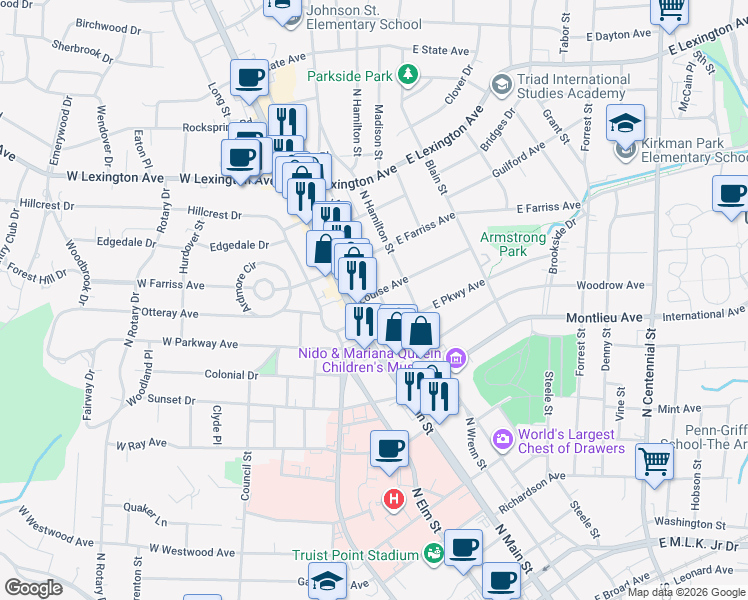 map of restaurants, bars, coffee shops, grocery stores, and more near 1010 North Main Street in High Point