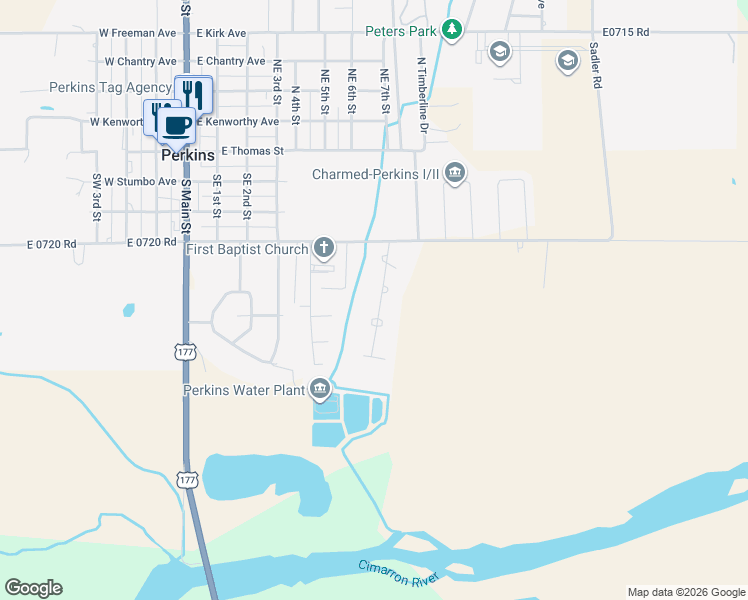 map of restaurants, bars, coffee shops, grocery stores, and more near 419 Eaton Drive in Perkins