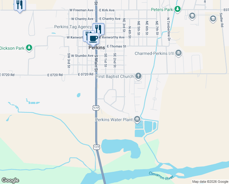 map of restaurants, bars, coffee shops, grocery stores, and more near 416 Southeast 2nd Street in Perkins