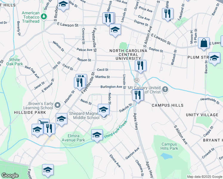 map of restaurants, bars, coffee shops, grocery stores, and more near 605 Hope Avenue in Durham