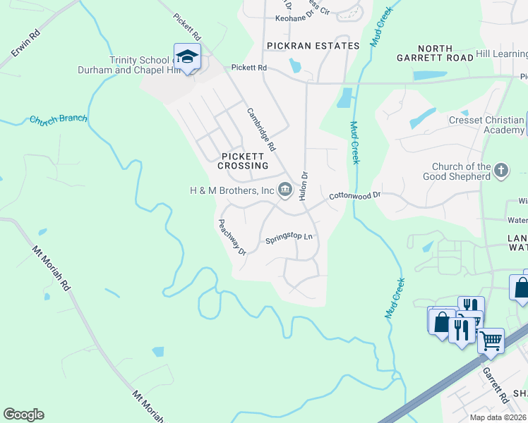 map of restaurants, bars, coffee shops, grocery stores, and more near 4111 Peachway Drive in Durham