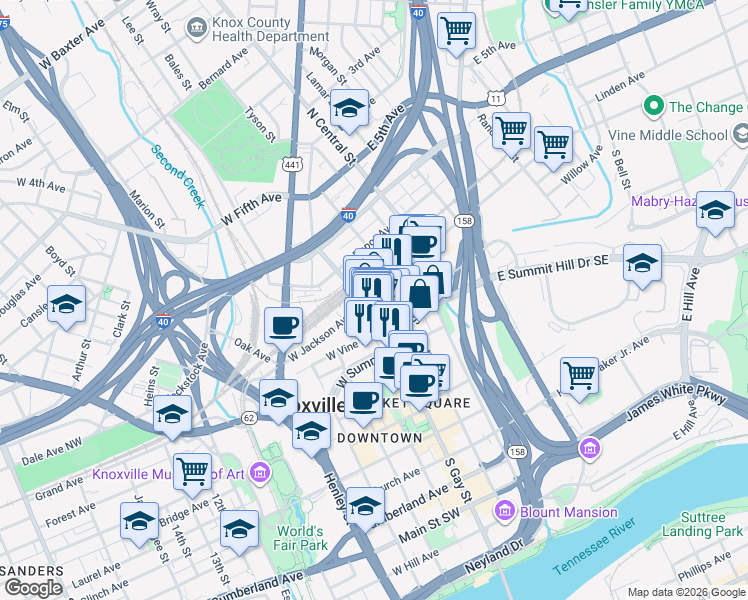 map of restaurants, bars, coffee shops, grocery stores, and more near 119 South Gay Street in Knoxville
