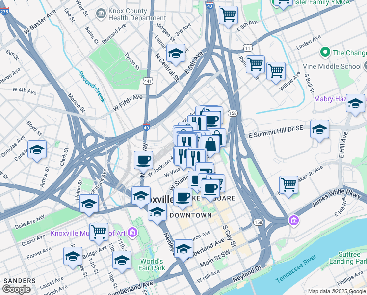 map of restaurants, bars, coffee shops, grocery stores, and more near 119 South Gay Street in Knoxville