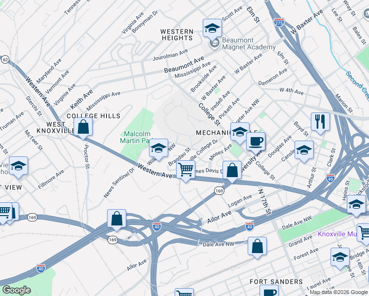 map of restaurants, bars, coffee shops, grocery stores, and more near 1817 Brandau Street in Knoxville