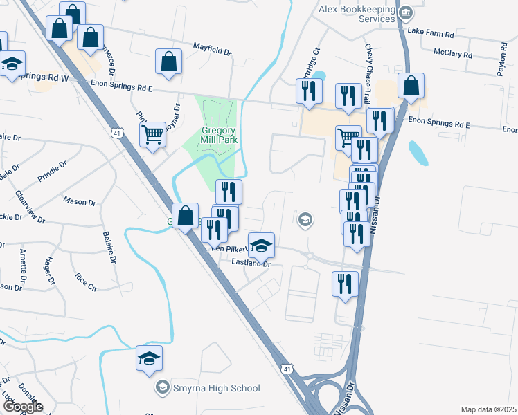 map of restaurants, bars, coffee shops, grocery stores, and more near 1610 Gregory Mills Drive in Smyrna