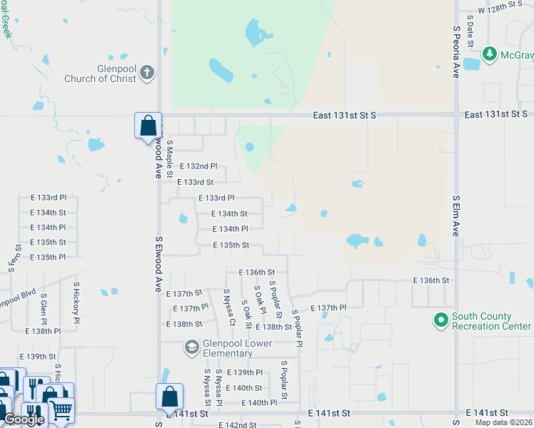 map of restaurants, bars, coffee shops, grocery stores, and more near 1321 East 134th Place in Bixby