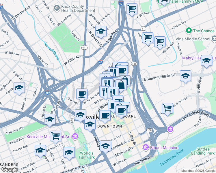 map of restaurants, bars, coffee shops, grocery stores, and more near 119 South Gay Street in Knoxville