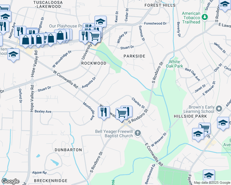 map of restaurants, bars, coffee shops, grocery stores, and more near 2146 Charles Street in Durham