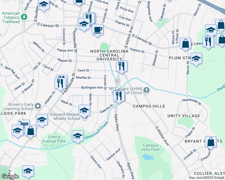 map of restaurants, bars, coffee shops, grocery stores, and more near 712 Burlington Avenue in Durham