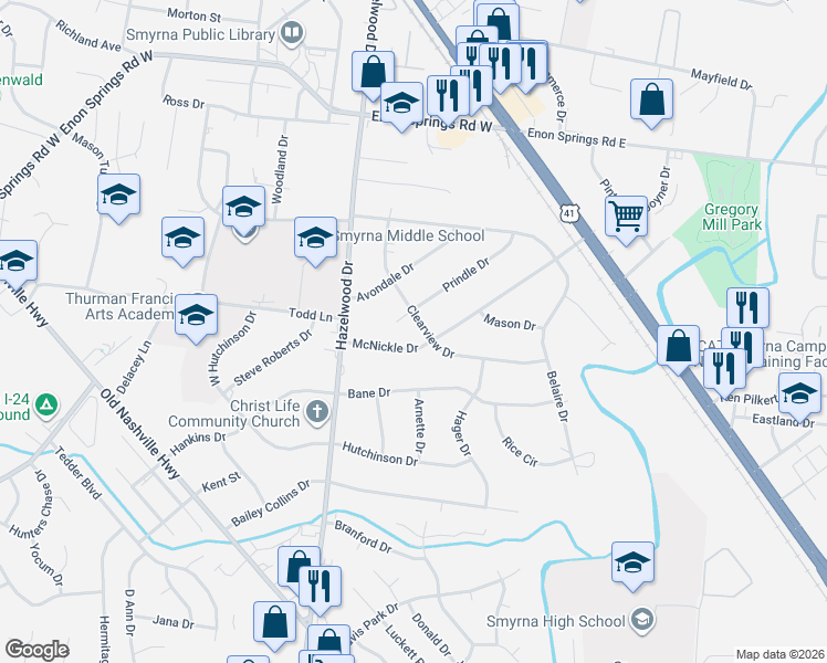 map of restaurants, bars, coffee shops, grocery stores, and more near 109 McNickle Drive in Smyrna