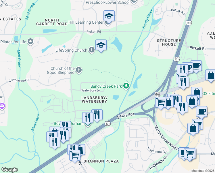 map of restaurants, bars, coffee shops, grocery stores, and more near 3821 Westcrest Street in Durham