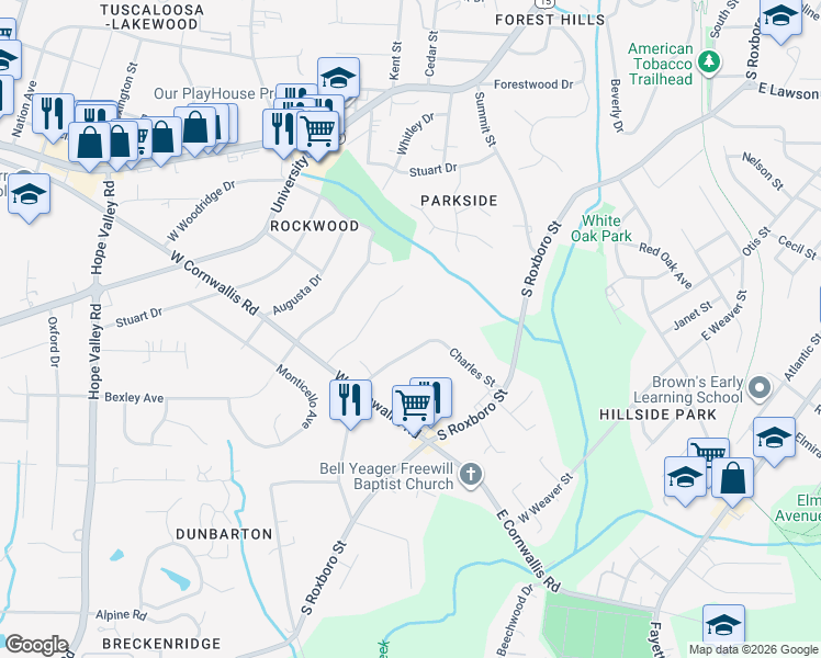 map of restaurants, bars, coffee shops, grocery stores, and more near 2146 Charles Street in Durham