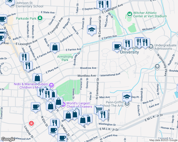 map of restaurants, bars, coffee shops, grocery stores, and more near 409 Montlieu Avenue in High Point