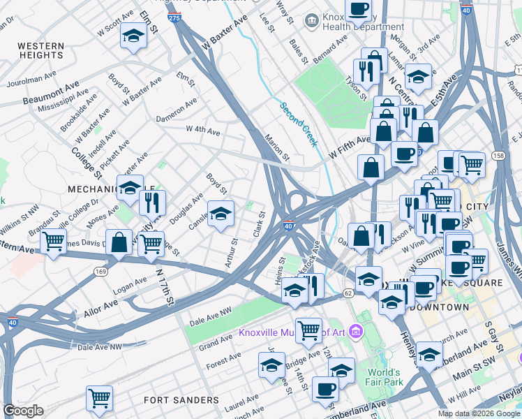 map of restaurants, bars, coffee shops, grocery stores, and more near 1003 Oak Avenue in Knoxville
