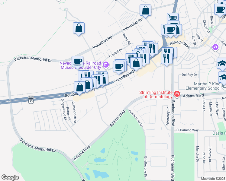 map of restaurants, bars, coffee shops, grocery stores, and more near 1559 Tilman Lane in Boulder City