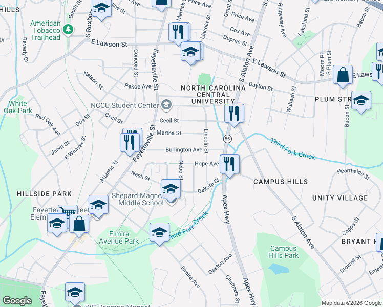 map of restaurants, bars, coffee shops, grocery stores, and more near 605 Hope Avenue in Durham