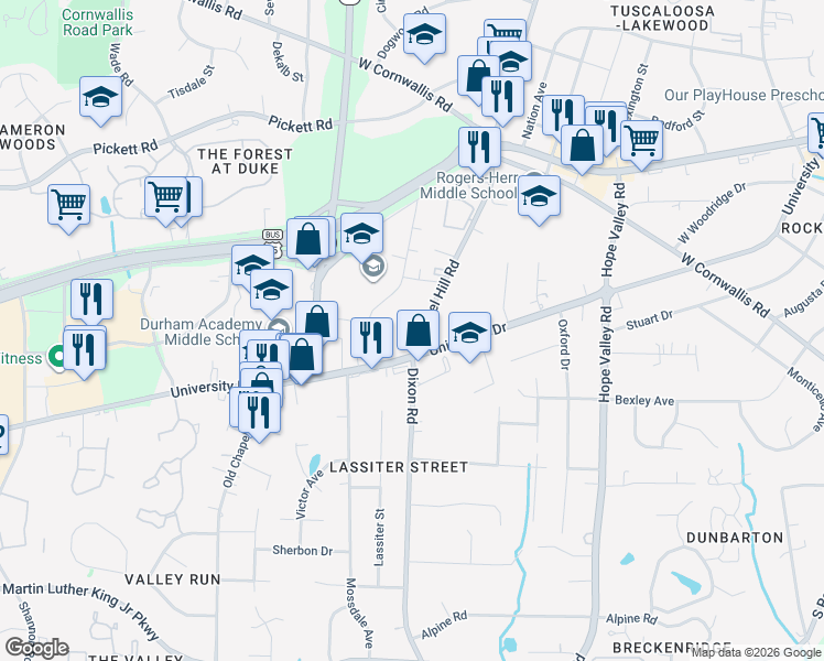 map of restaurants, bars, coffee shops, grocery stores, and more near in Durham