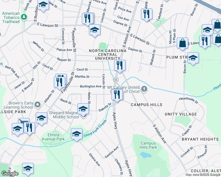 map of restaurants, bars, coffee shops, grocery stores, and more near 712 Burlington Avenue in Durham