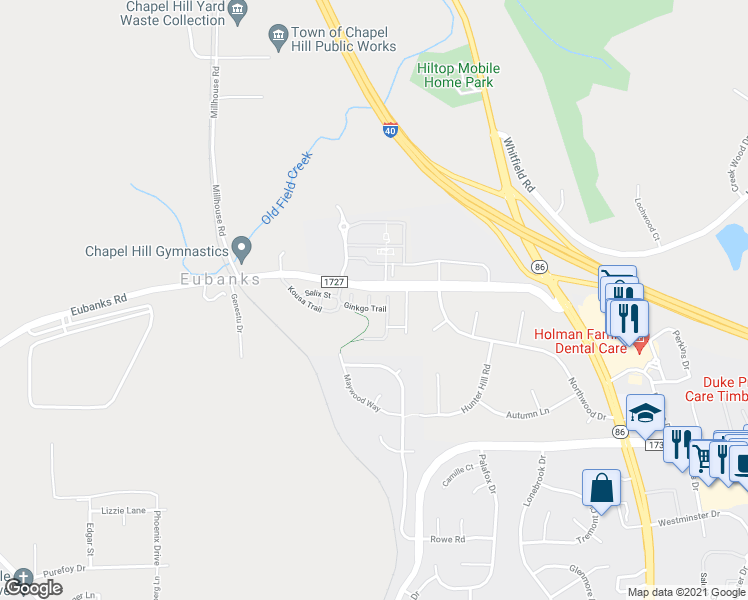 map of restaurants, bars, coffee shops, grocery stores, and more near 217 Ginkgo Trail in Chapel Hill