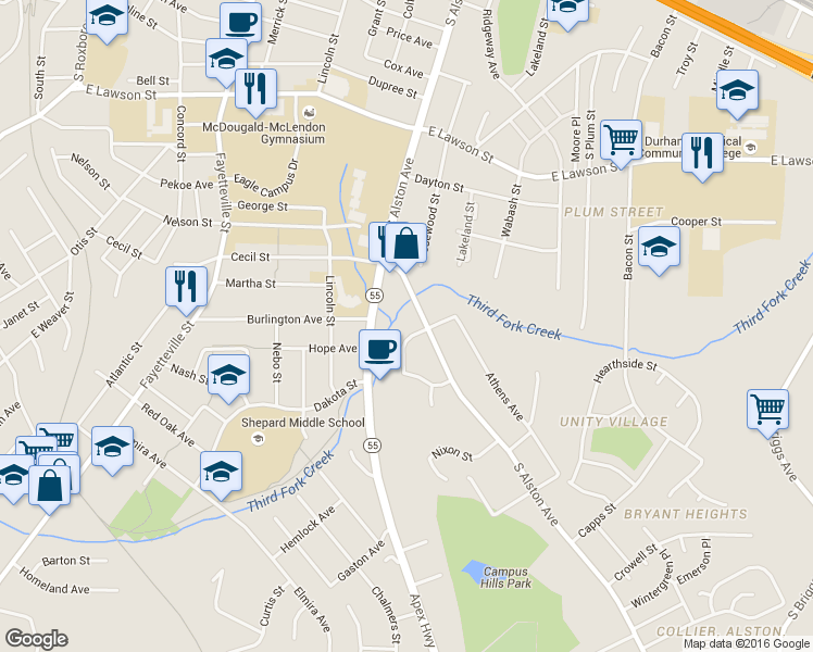 map of restaurants, bars, coffee shops, grocery stores, and more near 1802 Majestic Drive in Durham