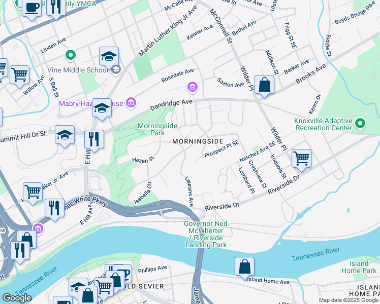map of restaurants, bars, coffee shops, grocery stores, and more near 1823 Prospect Place Southeast in Knoxville