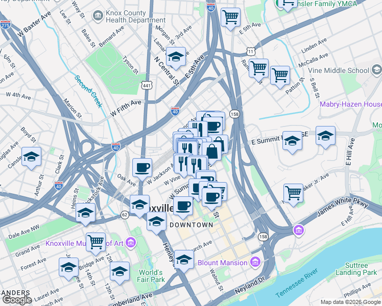 map of restaurants, bars, coffee shops, grocery stores, and more near 119 South Gay Street in Knoxville