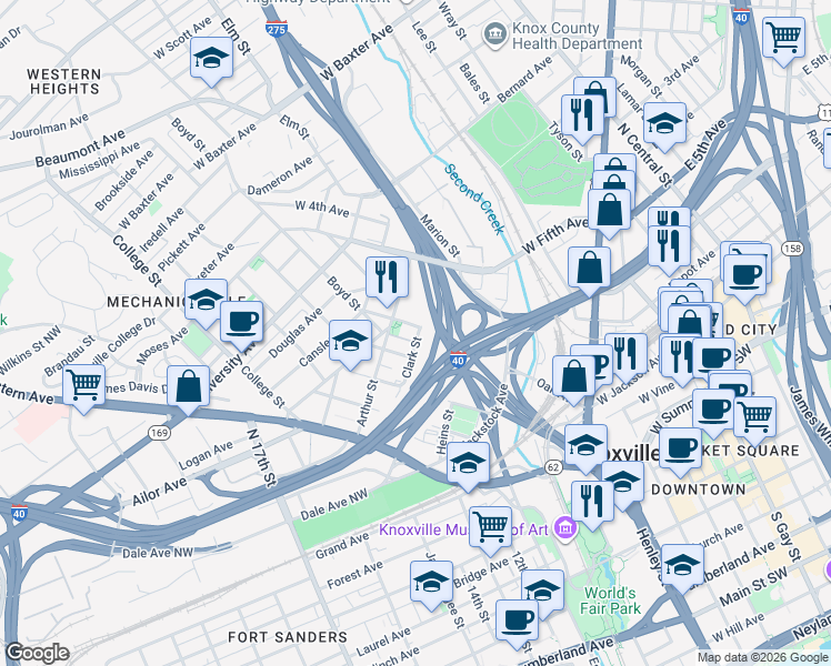 map of restaurants, bars, coffee shops, grocery stores, and more near 1003 Oak Avenue in Knoxville